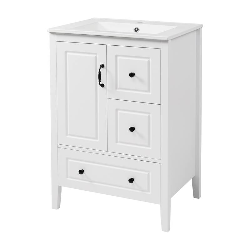 24 inch Bathroom Vanity with Sink, One Cabinet with Soft-closing Door, 3 Soft-closing Drawers, Retro Metal Handles