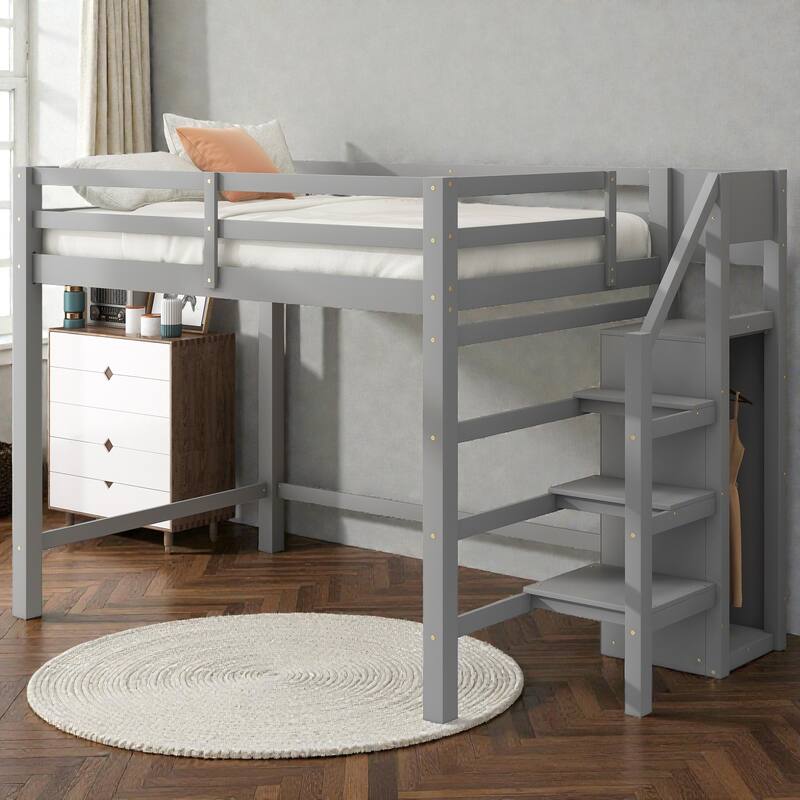Full Size Loft Bed with Built-in Storage Wardrobe and Staircase, Solid Wood Space-Saving Loft Frame