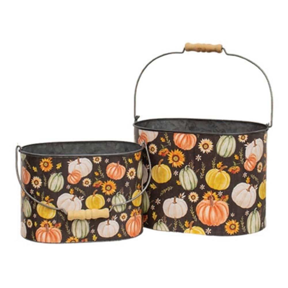 2/Set Watercolor Pumpkins and Sunflower Oval Metal Buckets
