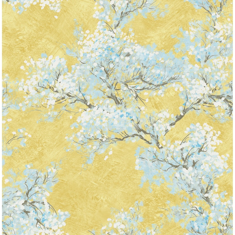 Seabrook Designs Nova Cherry Blossoms Unpasted Wallpaper - 20.5 in. W x 33 ft. L - Metallic Gold & Blue Mist