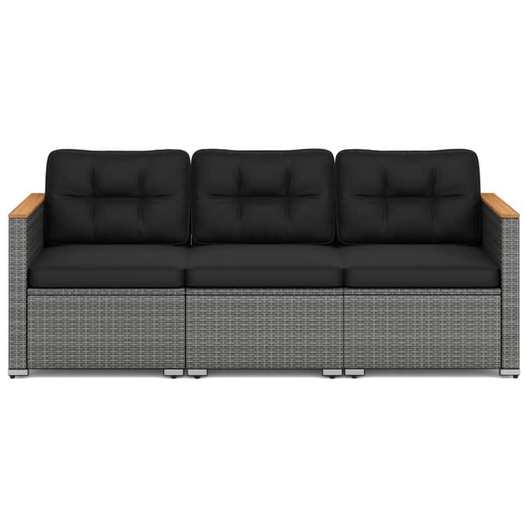 Mix Grey PE Rattan 3-Seater Outdoor Sofa with Black Cushions - 26" x 76" x 25.5"