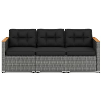 Mix Grey PE Rattan 3-Seater Outdoor Sofa with Black Cushions - 26" x 76" x 25.5"