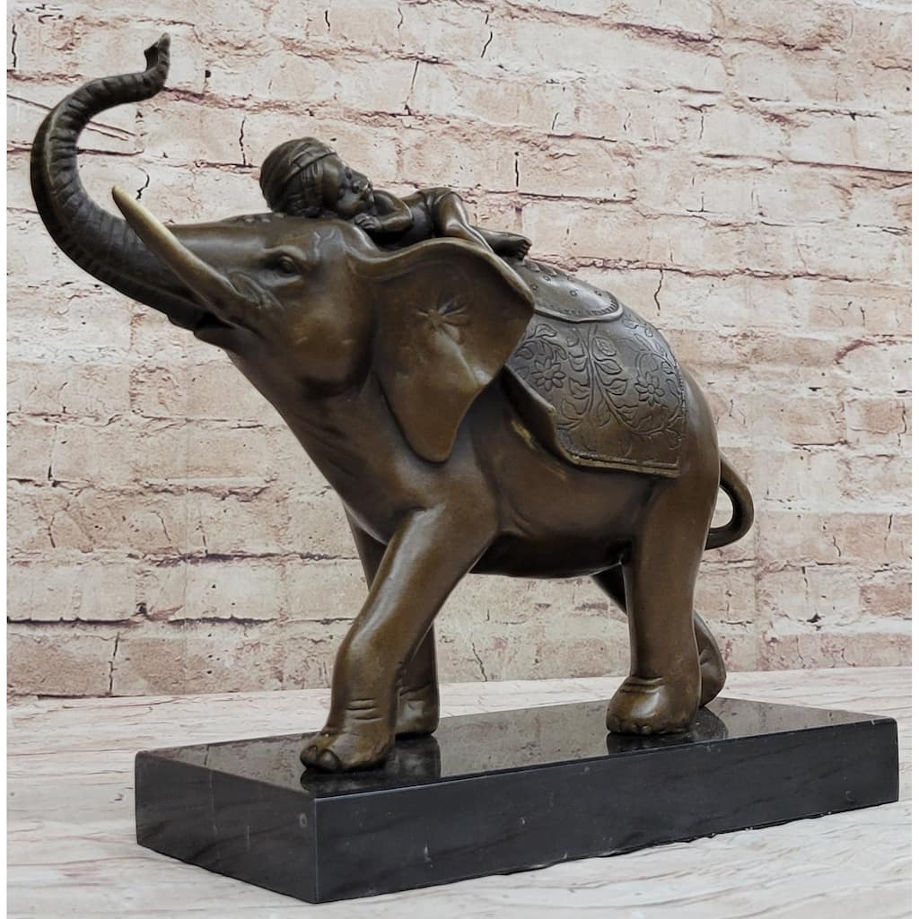 Boy Child Sleeping On Indian Imitative Elephant Bronze Statue Sculpture Decor On Marble Base