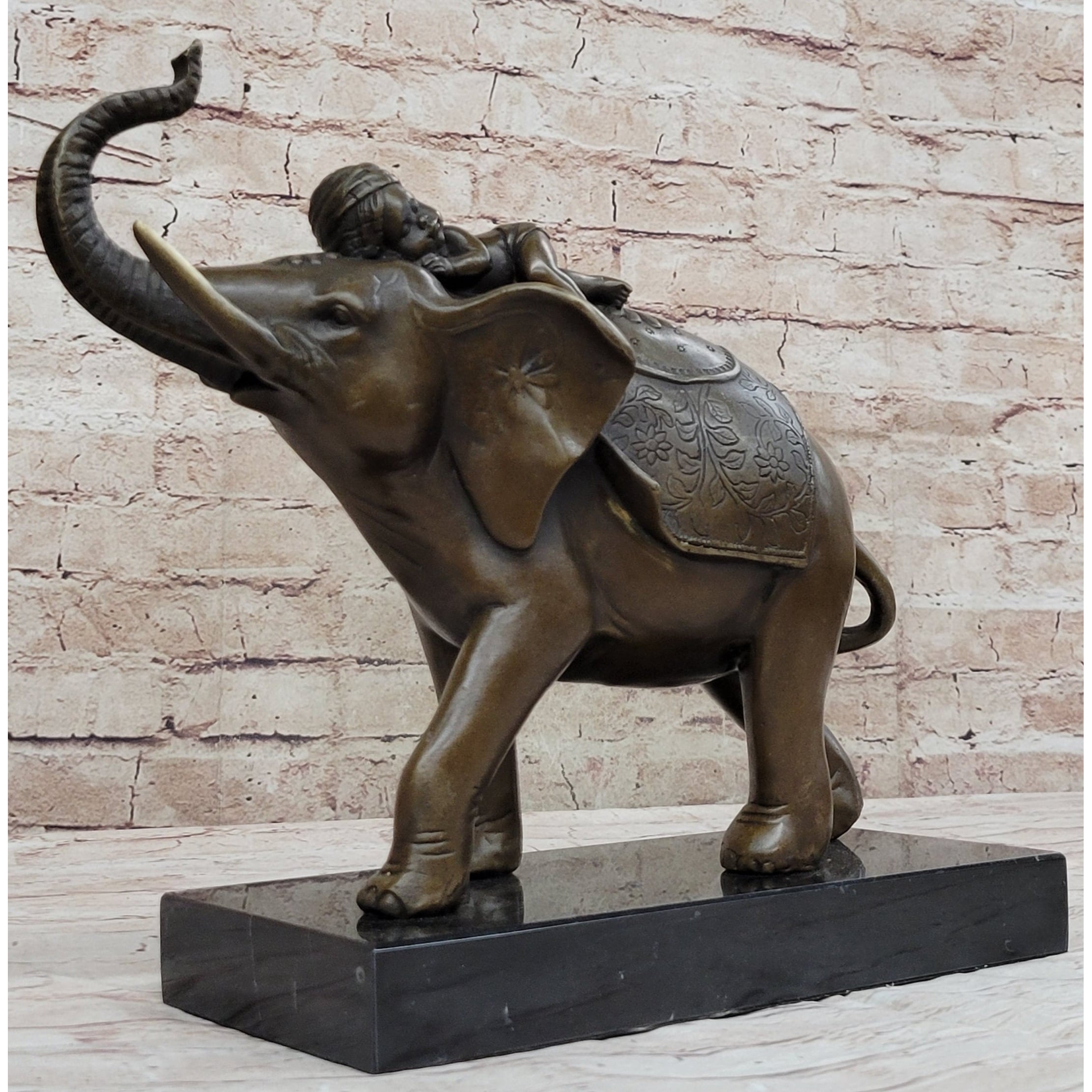 Boy Child Sleeping On Indian Elephant Bronze Statue Sculpture Decor On Marble Base