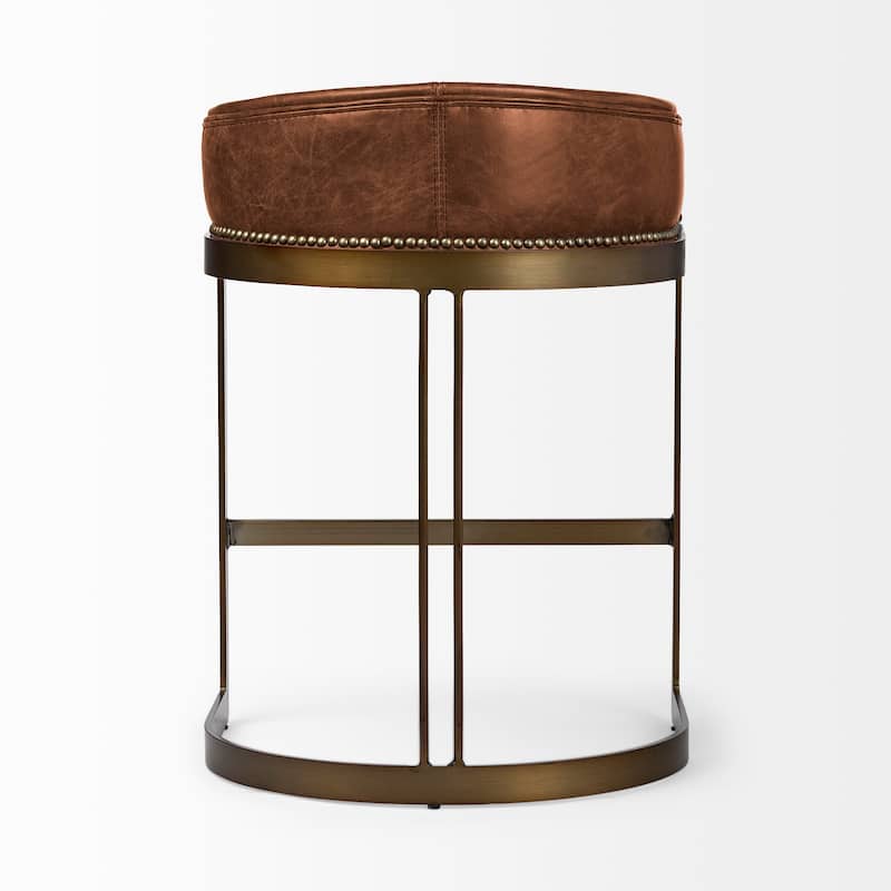 Hollyfield Medium Brown Genuine Leather Seat with Gold Metal Frame Counter Stool - 29.0