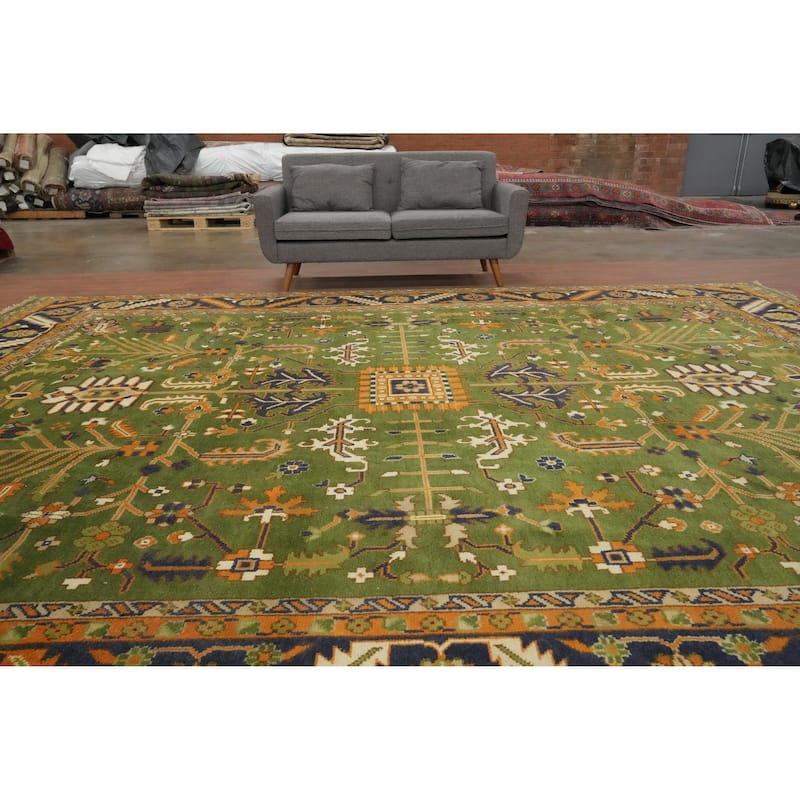 Hand Knotted Oriental 100% Wool Carpet Transitional All-Over Green Oushak Area Rug - 14' 10'' X 11' 9''