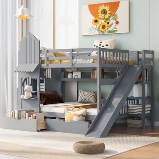 Full Over Full Wooden Bunk Bed with 2 Drawers & 3 Shelves, Castle Style Stairway Bedframe with Slide & Safety Guardrails, Gray