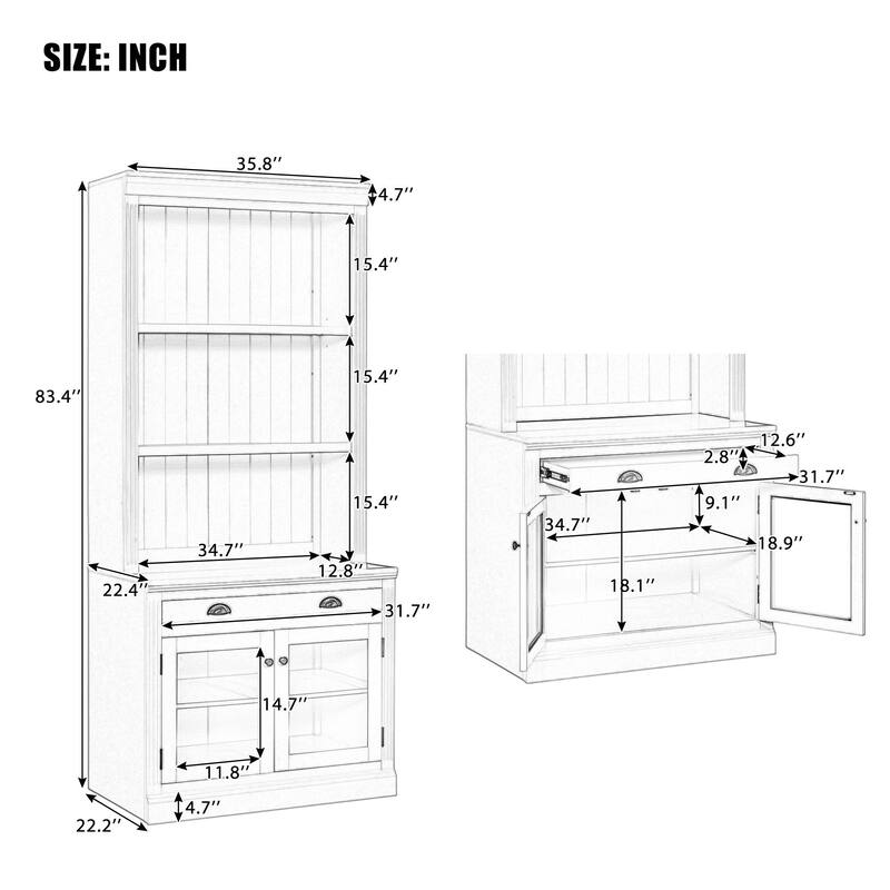 83.4" Tall Bookshelf, Modern Bookcase with 2 Glass Doors, 1 Drawer & Open Shelves