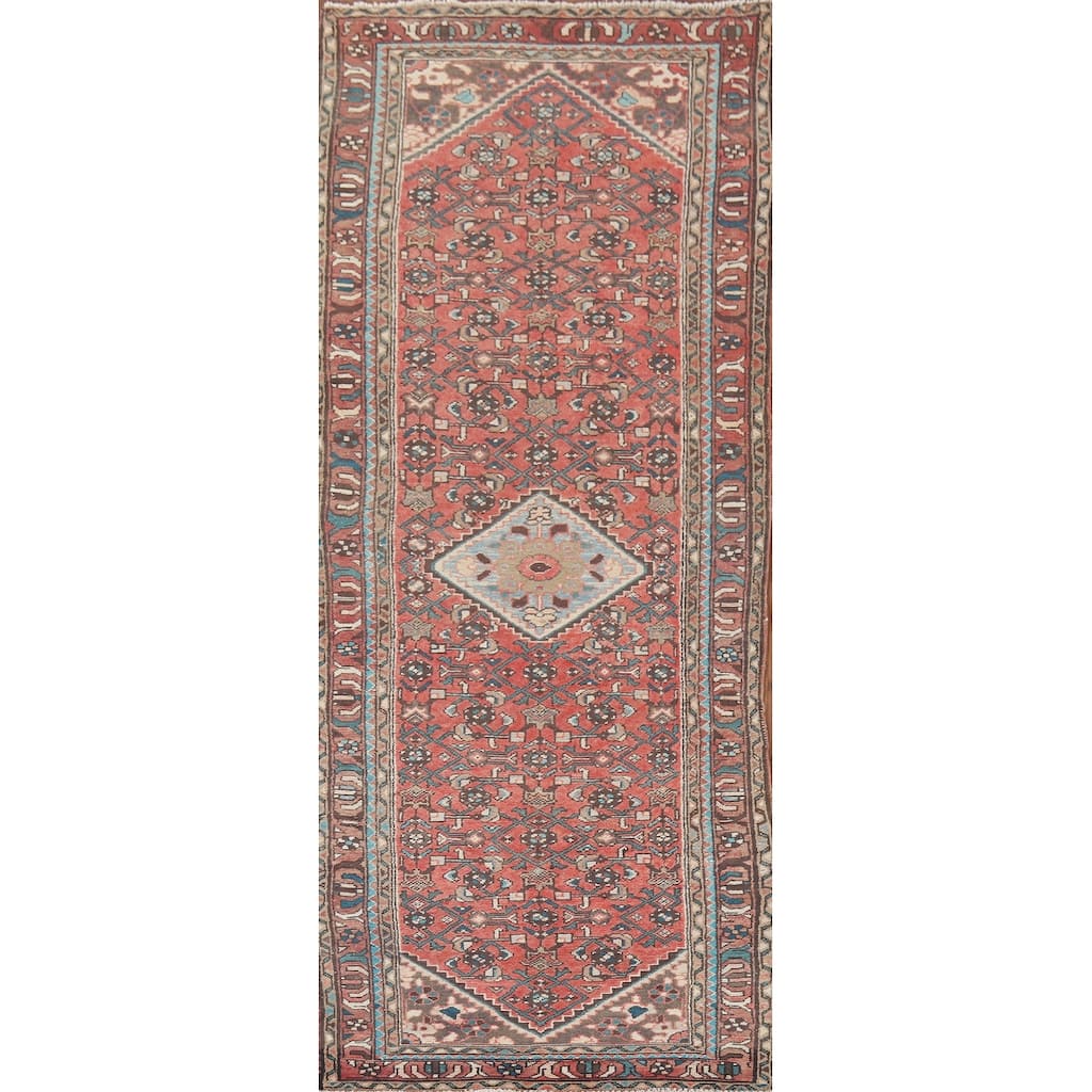 Geometric Hamedan Persian Vintage Runner Rug Hand-Knotted Wool Carpet - 3'7" x 10'3"