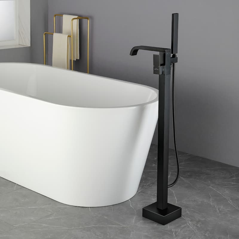 Freestanding Floor Mount Single Handle Bath Tub Filler Faucet with Handheld Shower - Black