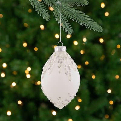 Beaded and Sequins Christmas Glass Finial Ornament - 5" - White and Silver
