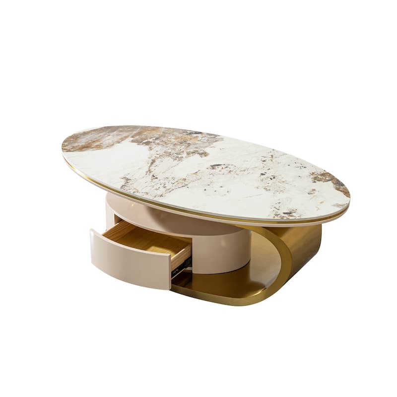 Modern Coffee Table, Sintered Stone Coffee Table with 2 Drawers and Stainless Steel Base, for Living Room