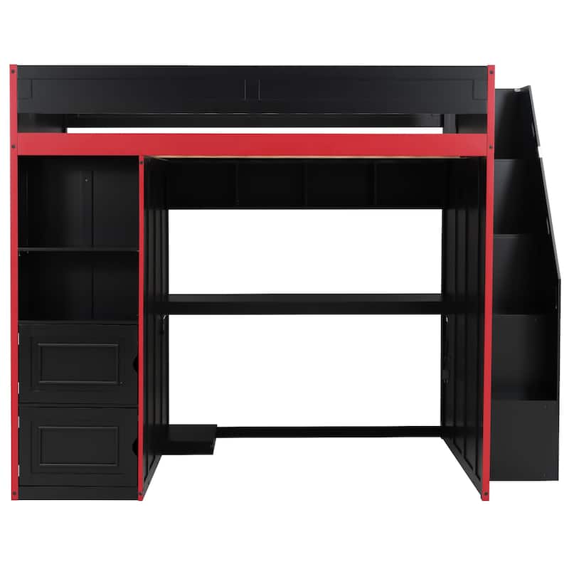 GDFStudio - Wooden Loft Bed with LED Desk, USB Ports and Dual Storage Drawers