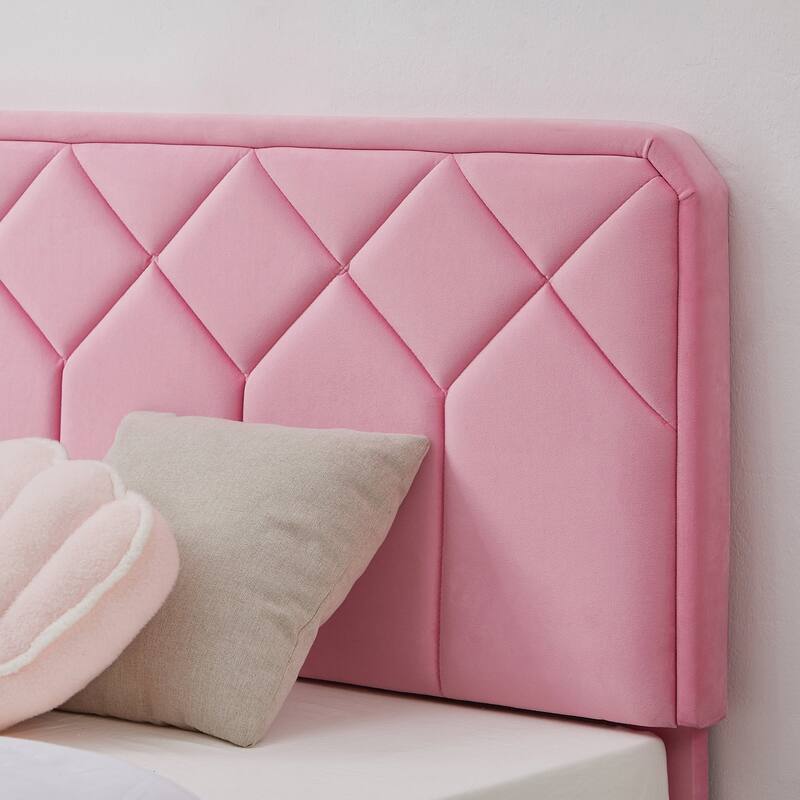 VECELO Pink Velvet Upholstered Bed Frame with Adjustable Headboard No Box Spring Needed Under Bed Storage Platform Bed
