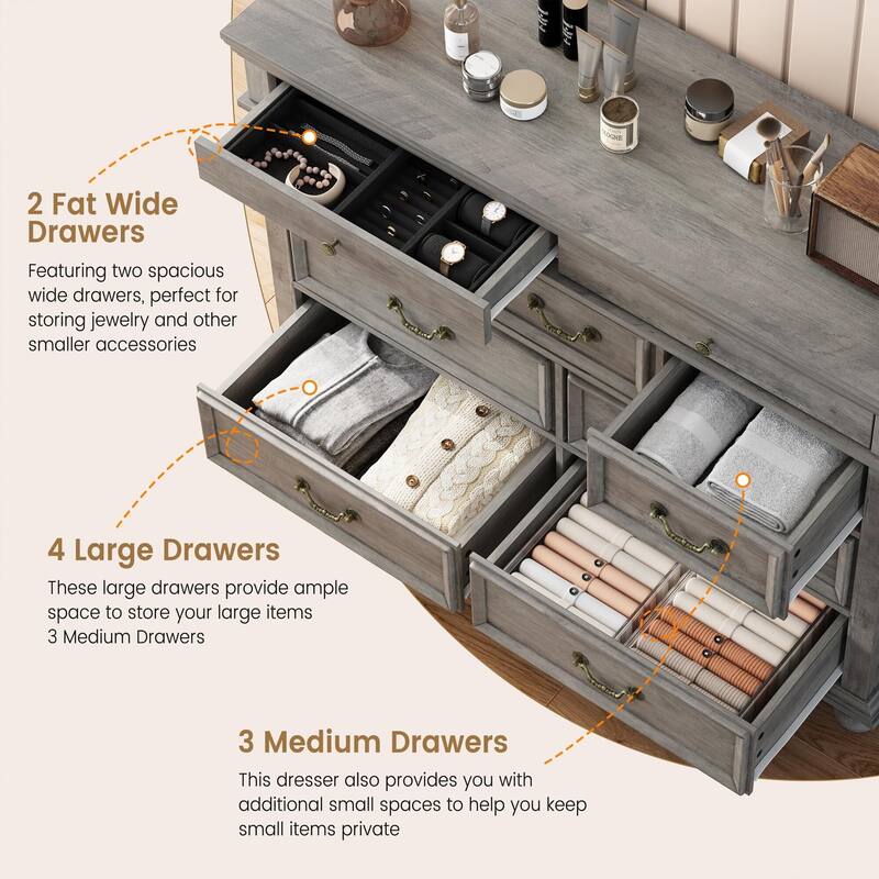 Farmhouse 9 Drawers Dresser for Bedroom, 47" Wide Wood Rustic Chest of 9 Drawers with Metal Handles, Vintage Design