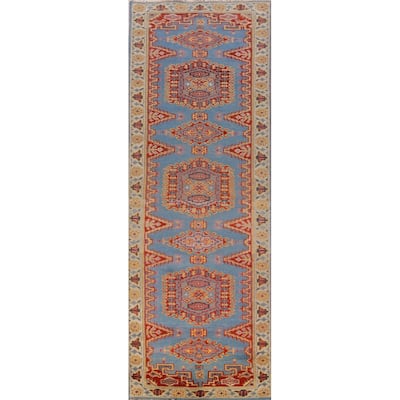 Hand Knotted Oriental 100% Wool Carpet Traditional Geometric Navy Blue & Blues Viss Runner Rug - 10' 0'' X 2' 6''