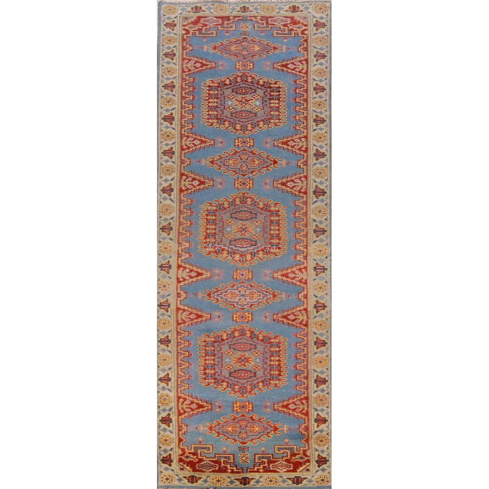 Hand Knotted Oriental 100% Wool Carpet Traditional Geometric Navy Blue & Blues Viss Runner Rug - 10' 0'' X 2' 6''