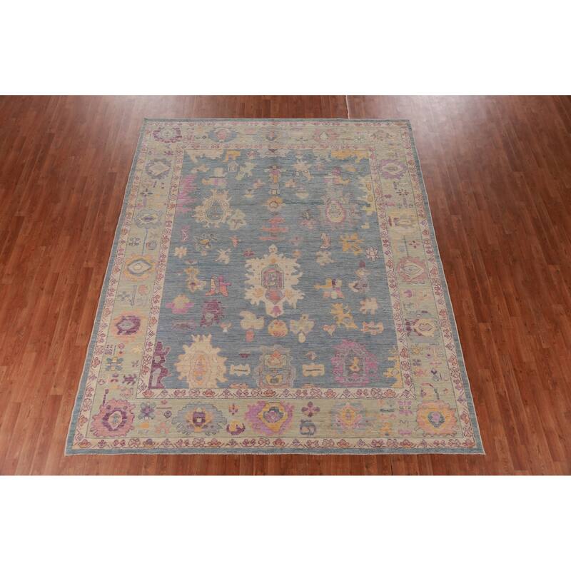 Hand Knotted Oriental 100% Wool Carpet Transitional All-Over Navy Blue & Blues Oushak Area Rug - 10' 2'' X 8' 5''