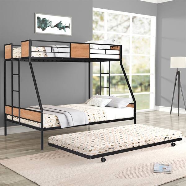 slide 2 of 25, Modern Heavy-duty Sturdy Metal Twin over Full Bunk Bed with Trundle Bed, Safety Guardrail and Wooden Decoration