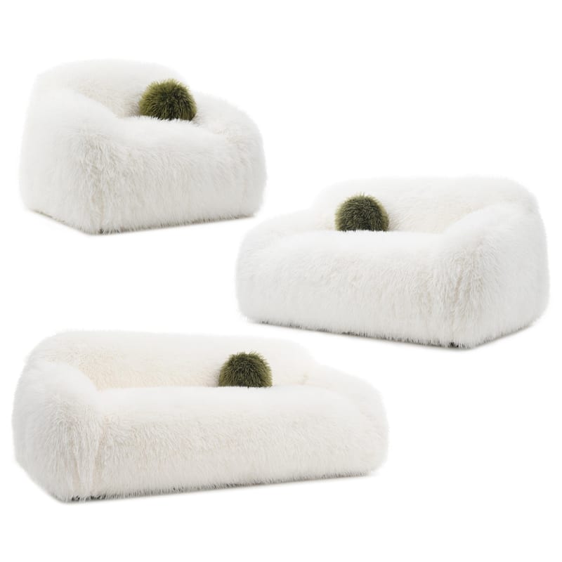 Furniture of America Cynra Modern 3-Piece Faux Fur Sofa Set with Ball Pillows - White