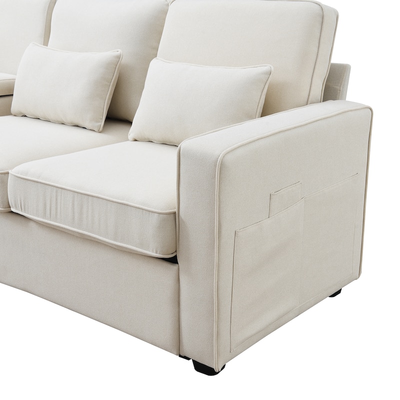 Modern 4-Seat Sofa with Console, Wireless Charging, 2 Cupholders, and 4 Pillows, Upholstered in Linen Fabric