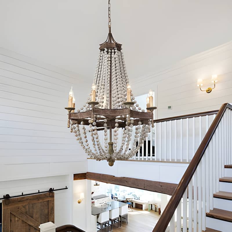 8 - Light Wood Beaded Classic French Country Chandelier - Brown