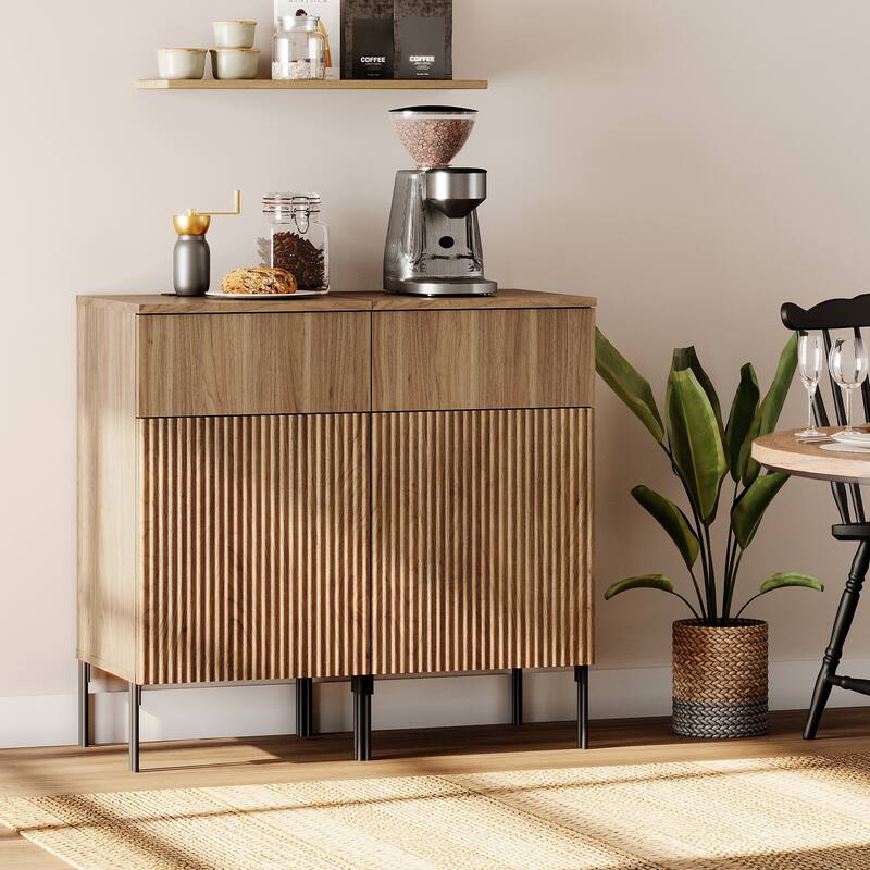 31.5" Wooden 2-Doors Sideboard With Charging Station, Modern Reeded Credenza Storage Cabinet