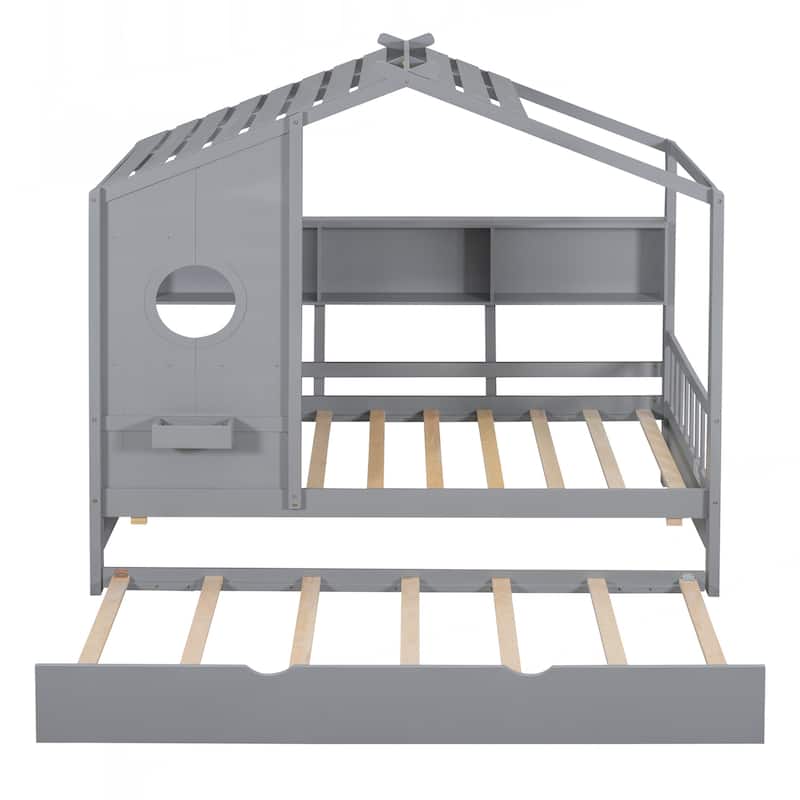 Wooden Twin Size House Bed With Trundle, Modern Design for Kids with Storage Shlef