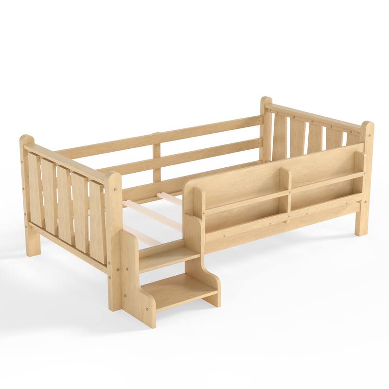 Full/Twin Floor Bed with Storage Bookcases & Cute Stairs - Solid Wood Kids Bed, No Box Spring