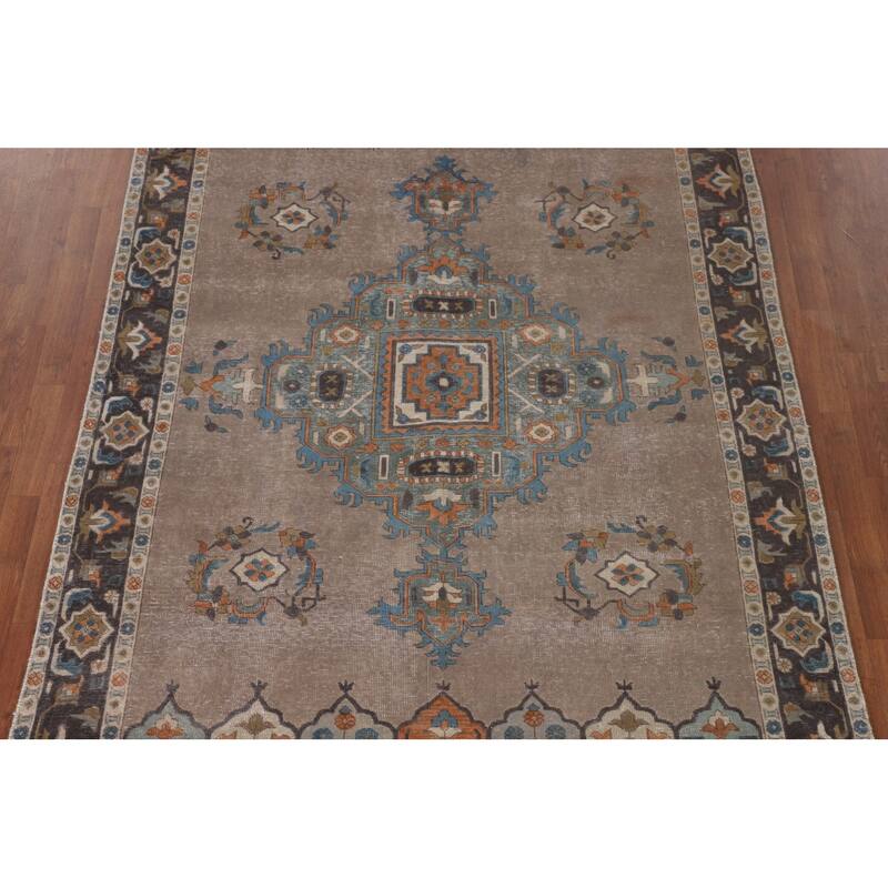 Brown Geometric Tabriz Vintage Rug Handmade Wool Carpet - 6'3"x 9'6"