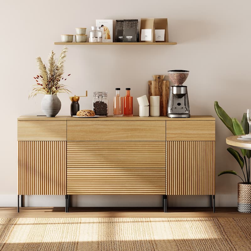 63" Wooden Reeded Sideboard With Built-In Charging Station, 3-In-1 Modern Credenza - Oak