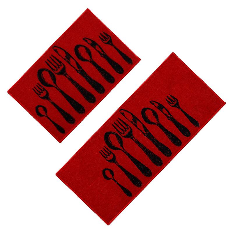 Chic Cutlery Print Wool-Effect Kitchen Mat and Runner Rug - Set of 2 - Red/Black