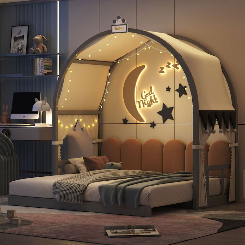 Wood Twin Size Bed Frame with Arched Roof, Floor Bed with Light and Curtain, Pull-out Kids Bed for Girls Boys Bedroom