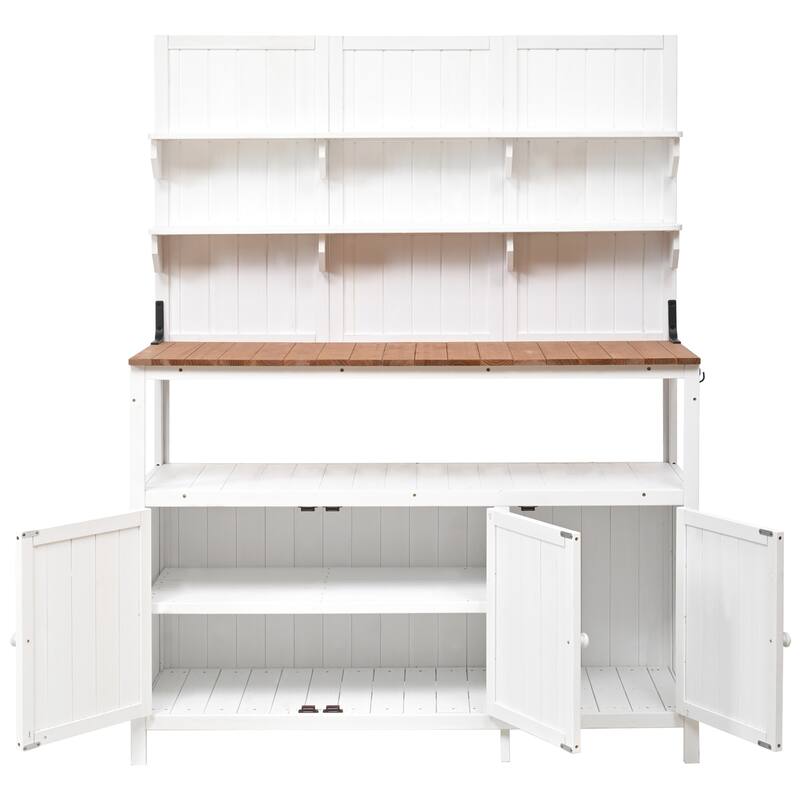 Potting Bench with Hutch, 50.2" Solid Fir Wood Garden Workstation, 2 Shelves, 2 Cabinets, 3 Side Hooks, Outdoor Planting Table