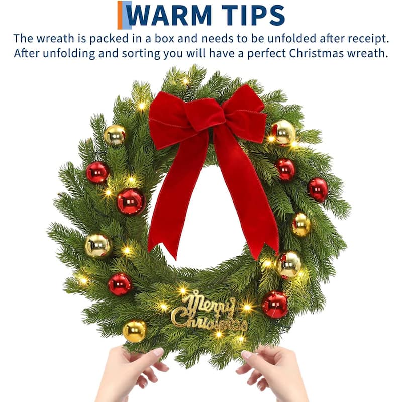 24 Inch Pre-Lit Front Door Wreath with Red Bow & Balls - N/A