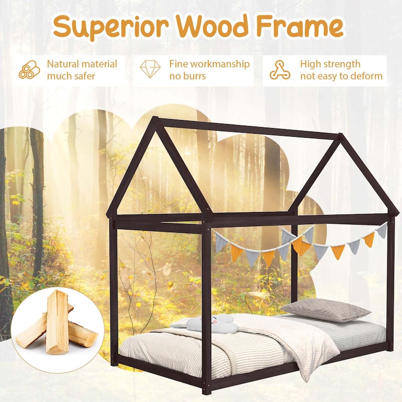 Costway Twin House Bed Wood Frame w/ Roof for Kids Toddler No Box