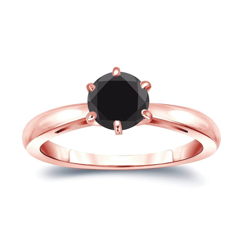 Auriya 14k Gold 1 carat TW Round Solitaire Black Diamond Engagement Ring 6-Prong - Rose - 4