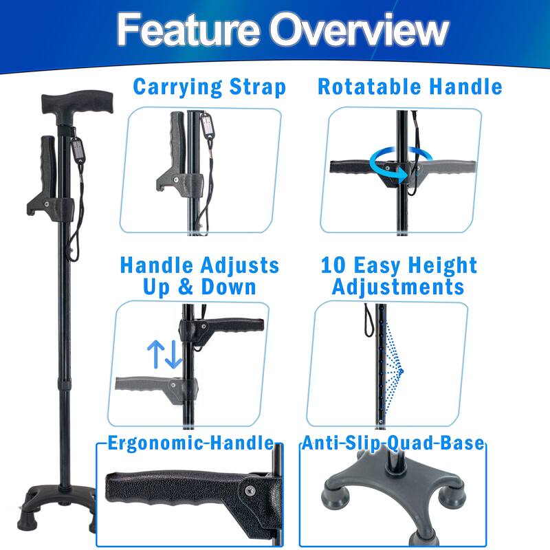 Walking Stick Cane w/ Quad Four Prong Base, Adjustable Rotatable Second Support Handle & 10 Height Adjustments