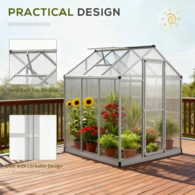 GDFStudio - Outdoor 6'x6' Aluminum Frame Walk-In Polycarbonate Greenhouse with Roof Vent & Rain Gutters - Silver