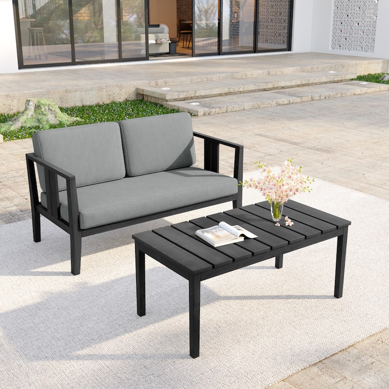Casual 53"W Outdoor Patio Loveseat Set In Solid Teak Wood with Cushion - Dark Wood - Grey