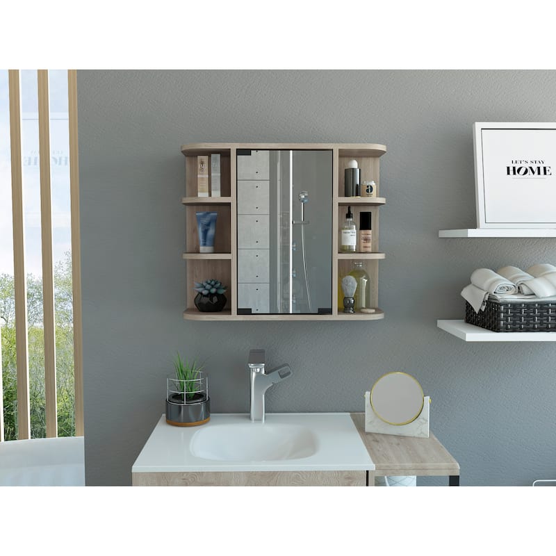 TUHOME Milan Mirrored Medicine Cabinet with 3 Concealed and 6 Open Shelves - Grey