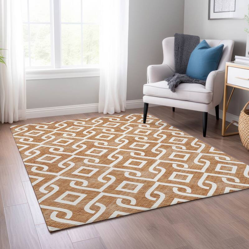 Machine Washable Indoor/ Outdoor Chantille Modern Trellis Rug - Paprika - 9' x 12'