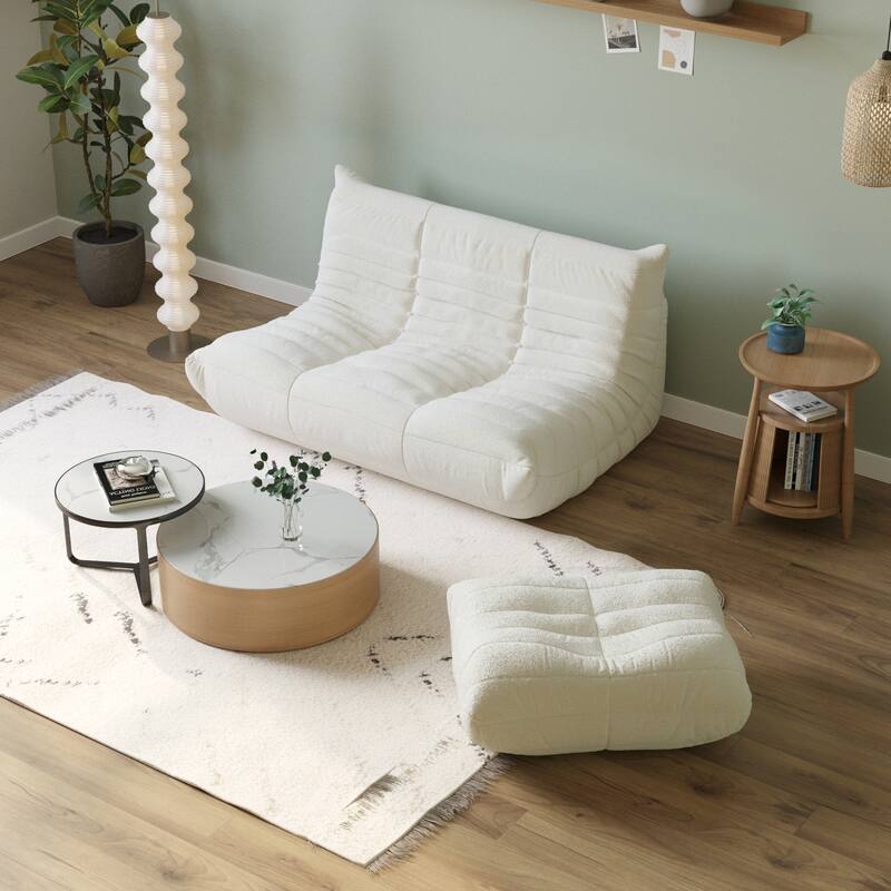 Futon Bean Bag Chair with Footstool,Soft Lazy Sofa Teddy Velvet Lounger Seat - Beige