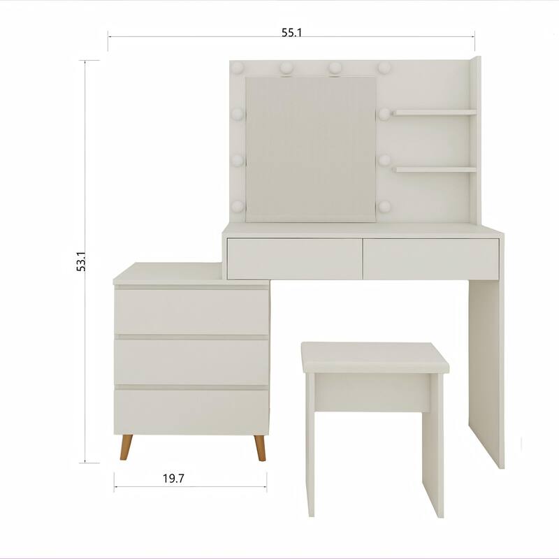 LED Light Makeup Vanity Table w/ Mirror,Drawers,Stool and Compartments