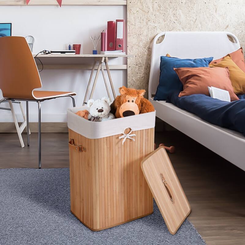 Costway Rectangle Bamboo Hamper Laundry Basket Washing Cloth Bin Bag - See Details