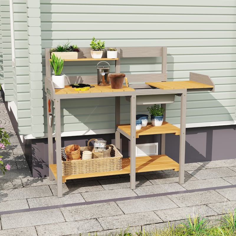 Outdoor Potting Bench, Wooden Workstation Table with Cabinet for Backyard Garden Supplies