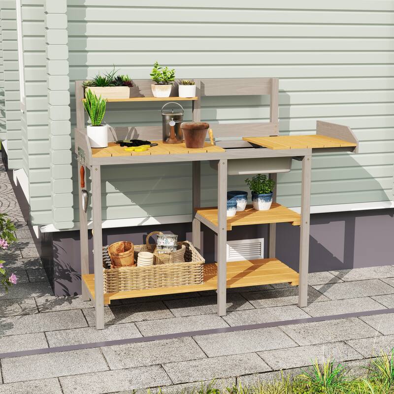 Outdoor Potting Table Bench with Spacious Top and Open Shelf, Wooden Garden Workstation Table for DIY Projects