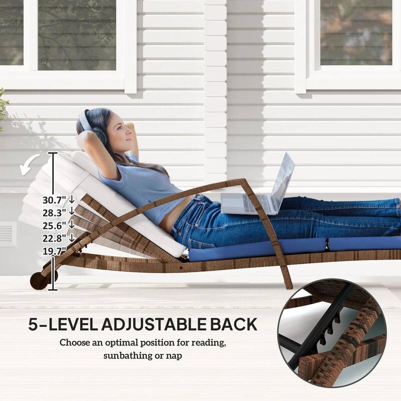 Wicker Chaise Lounge Set, Outdoor Recliners, Adjustable Back, Cushion