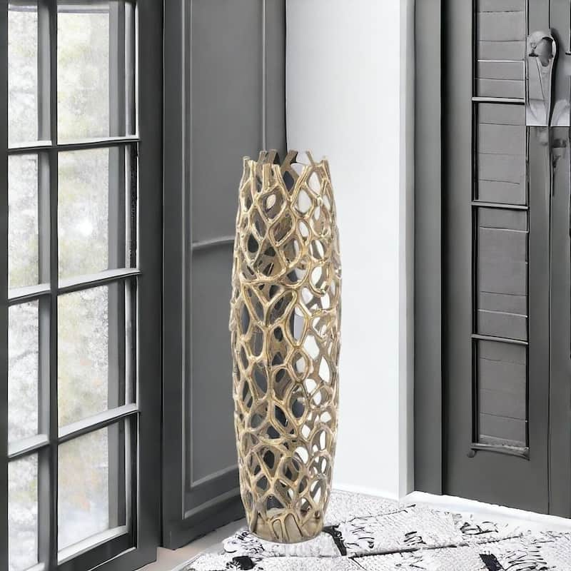 HomeRoots 47" Aluminum Gold Twigs Cylinder Floor Vase - Black