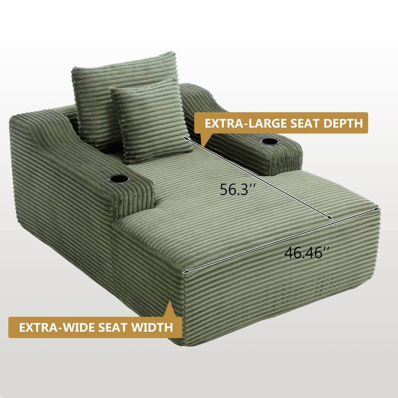 Roomfitters 67" Oversized Chaise Lounge, Corduroy Boneless Sleeper Sofa with Integrated Cup Holders